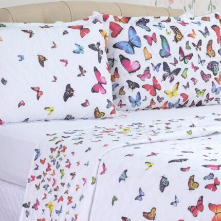 Kit Cobreleito Borboletas Percal Queen - Dupla Face Elegante